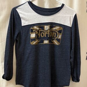 Lucky Brand Norton Motorcycles Navy and White Long Sleeve Tee